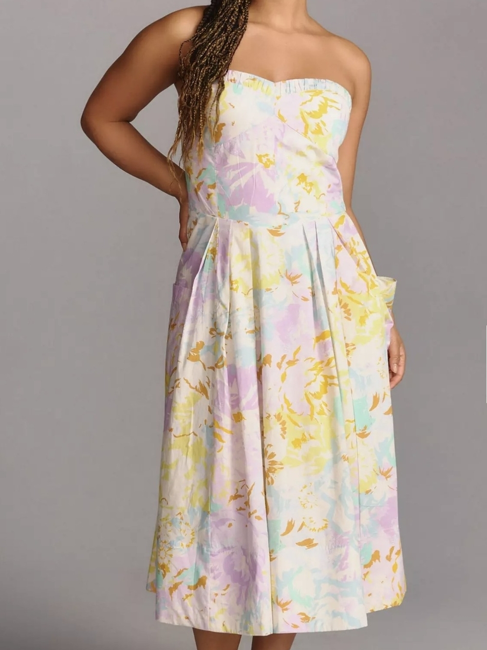 Maeve Pastel Floral Strapless Midi Dress in Yellow, Pink, Blue